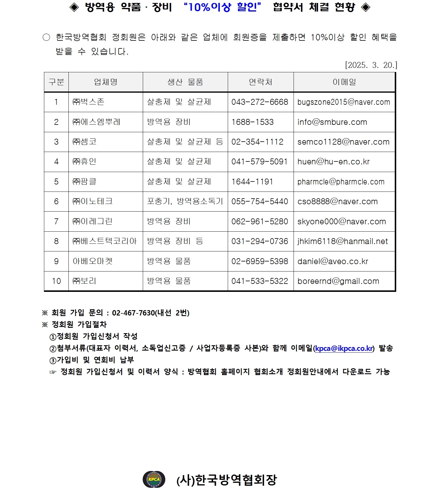 게시판 본문의 첨부파일 이미지입니다. : ◈ 방역용 약품장비 10%할인 협약체결 현황(0320).jpg